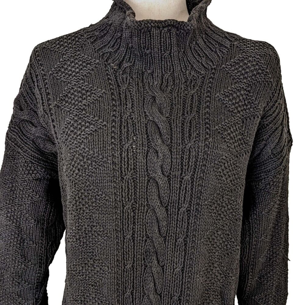LL Bean Womens MED 1970s Gray Cotton Chunky Knit Mock Neck Sweater